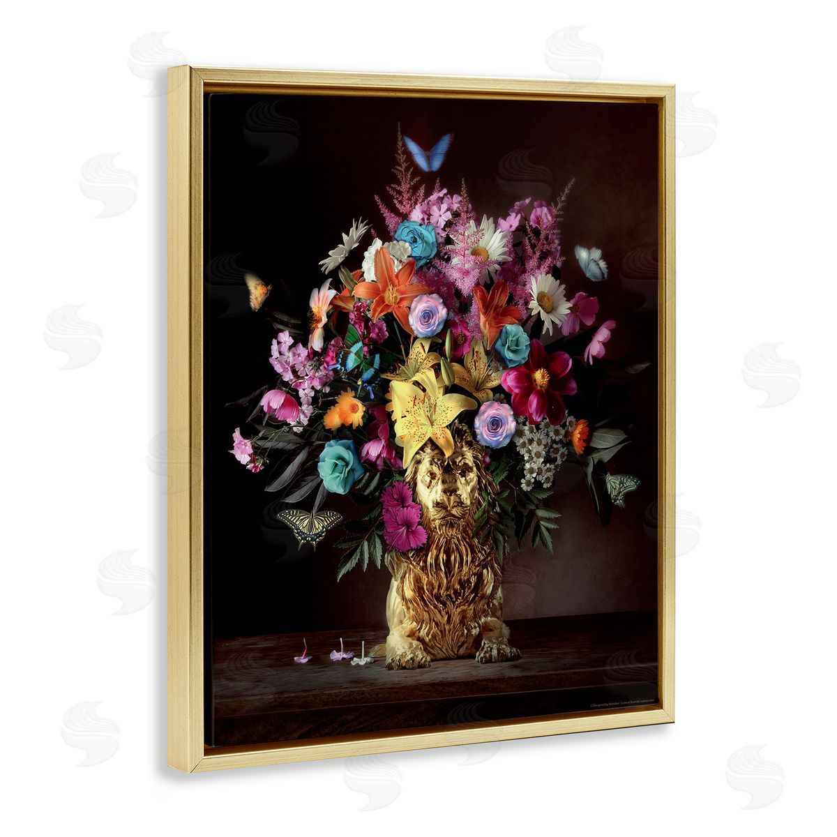 Reinders Bouquet in Dog Vase Gold Floating Frame Canvas Wall Art Print