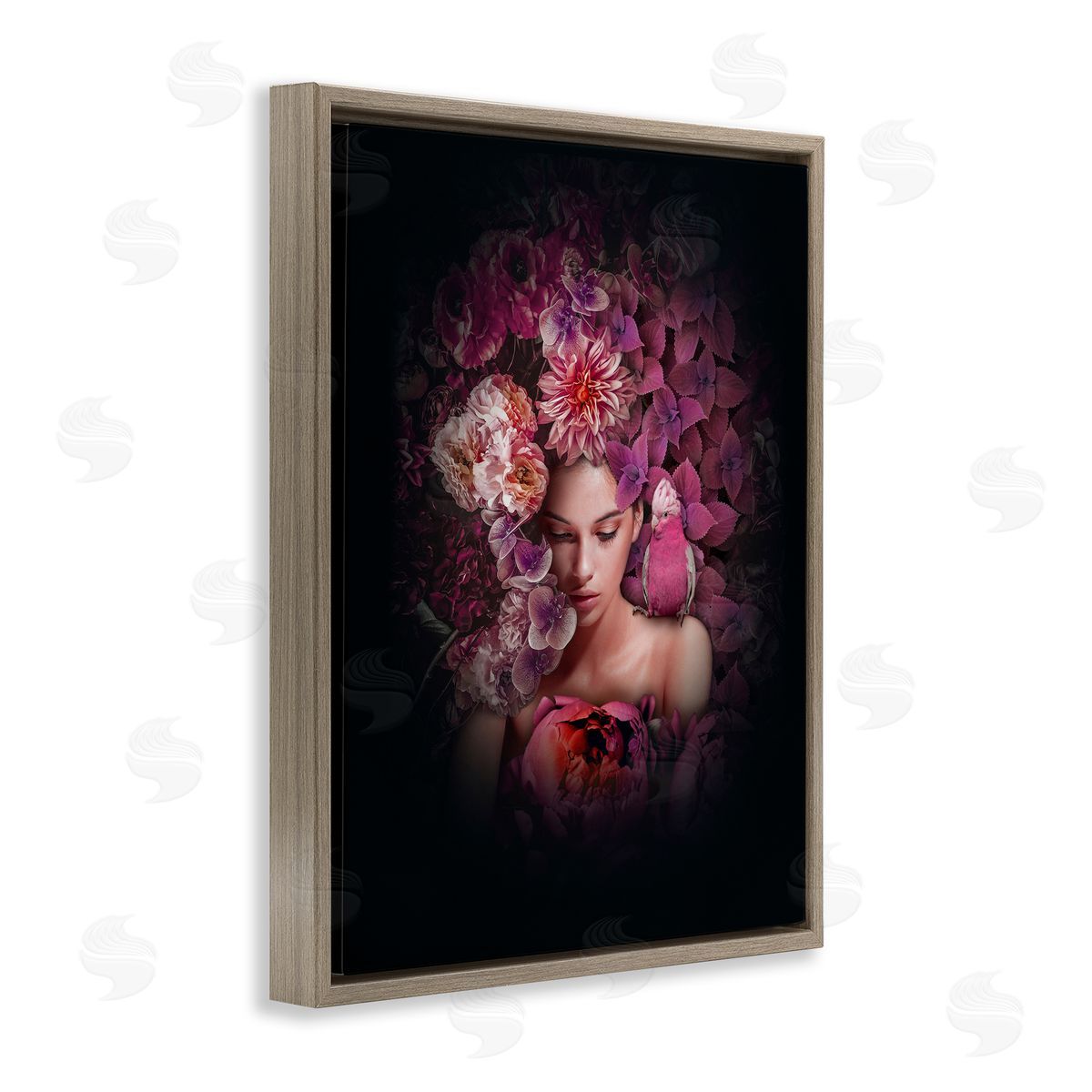 Reinders Circular Flowers Woman Brown Floating Frame Canvas Wall Art Print
