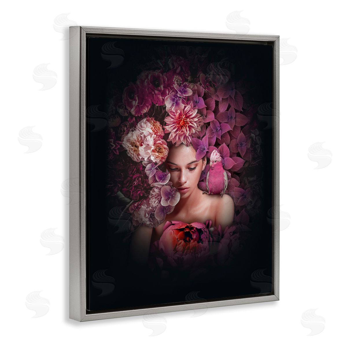 Reinders Circular Flowers Woman Gray Floating Frame Canvas Wall Art Print