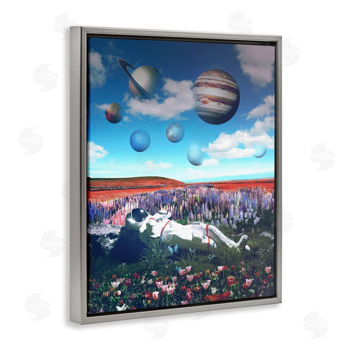 Reinders Astronaut & Overhead Planets Gray Floating Frame Canvas Wall Art Print