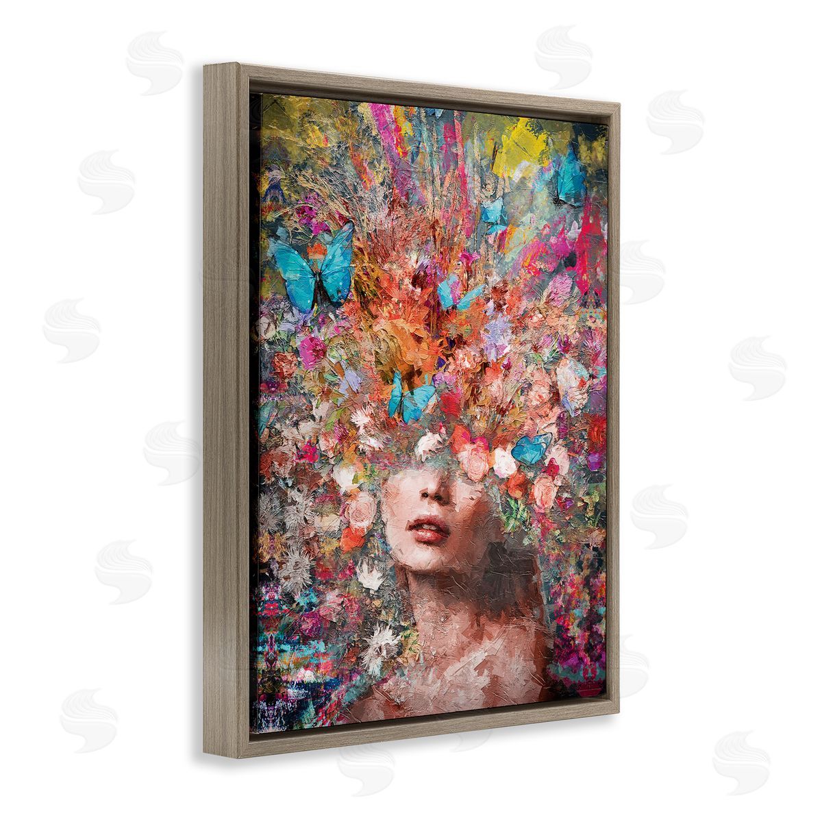 Reinders Abstract Painterly Floral Face Brown Floating Frame Canvas Wall Art Print