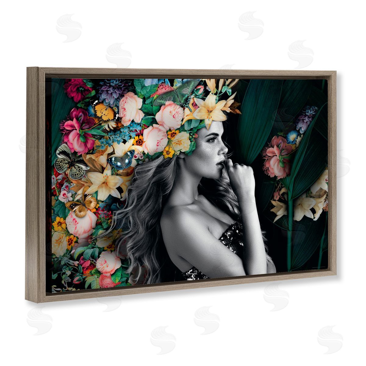 Reinders Woman with Tropical Flowers Brown Floating Frame Canvas Wall Art Print