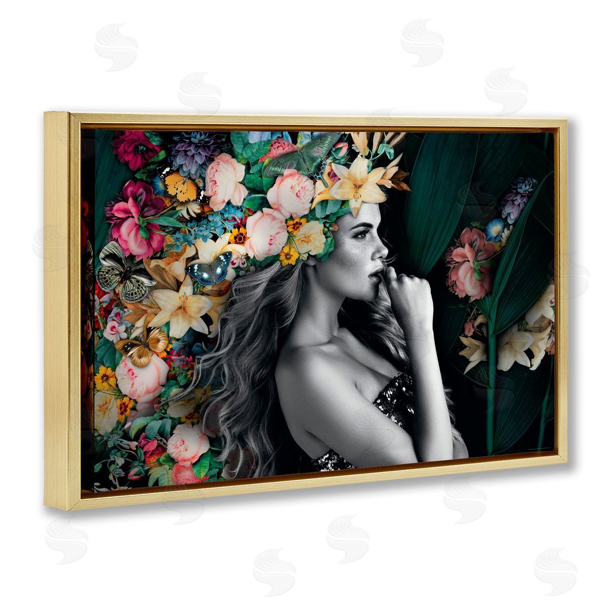 Reinders Woman with Tropical Flowers Gold Floating Frame Canvas Wall Art Print