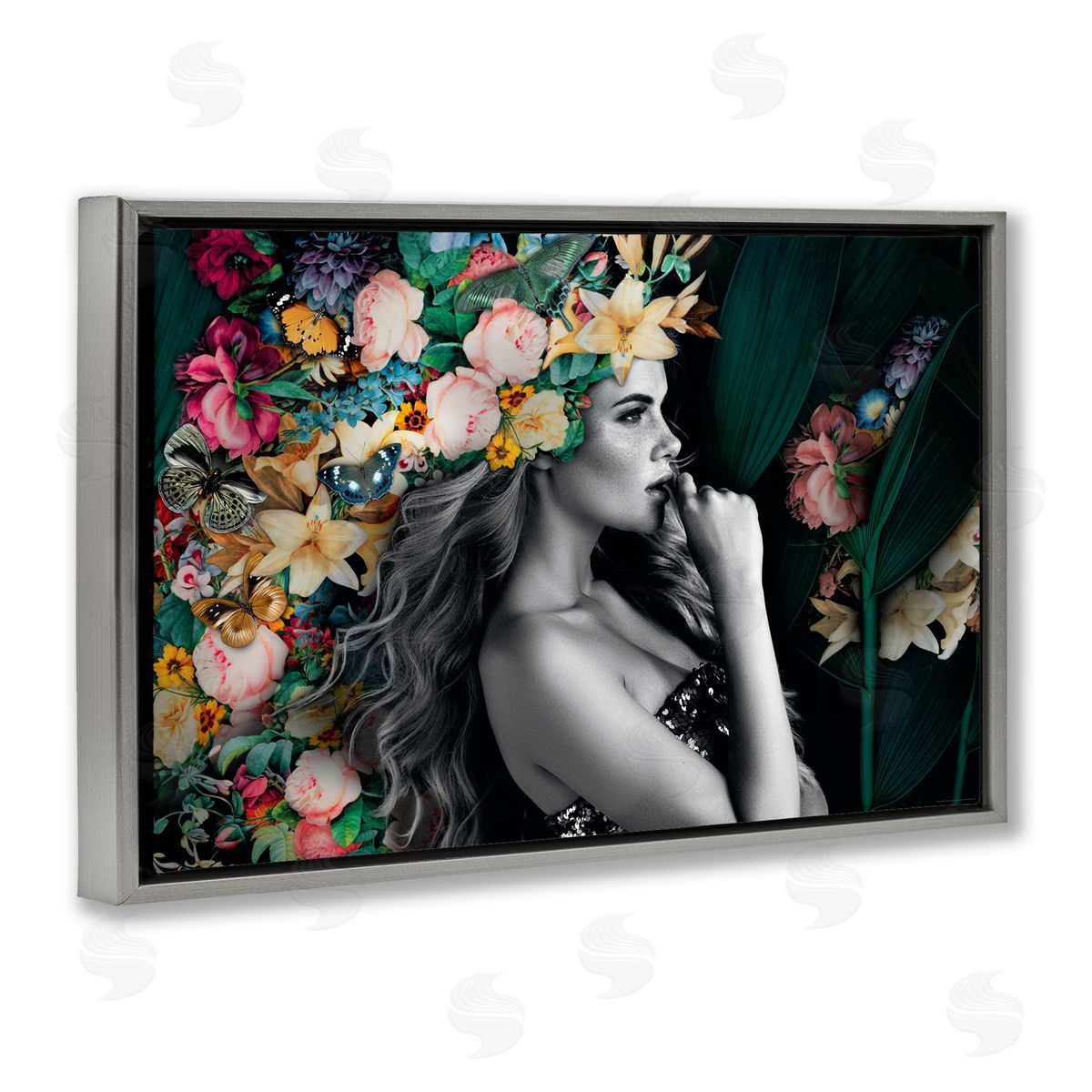 Reinders Woman with Tropical Flowers Gray Floating Frame Canvas Wall Art Print