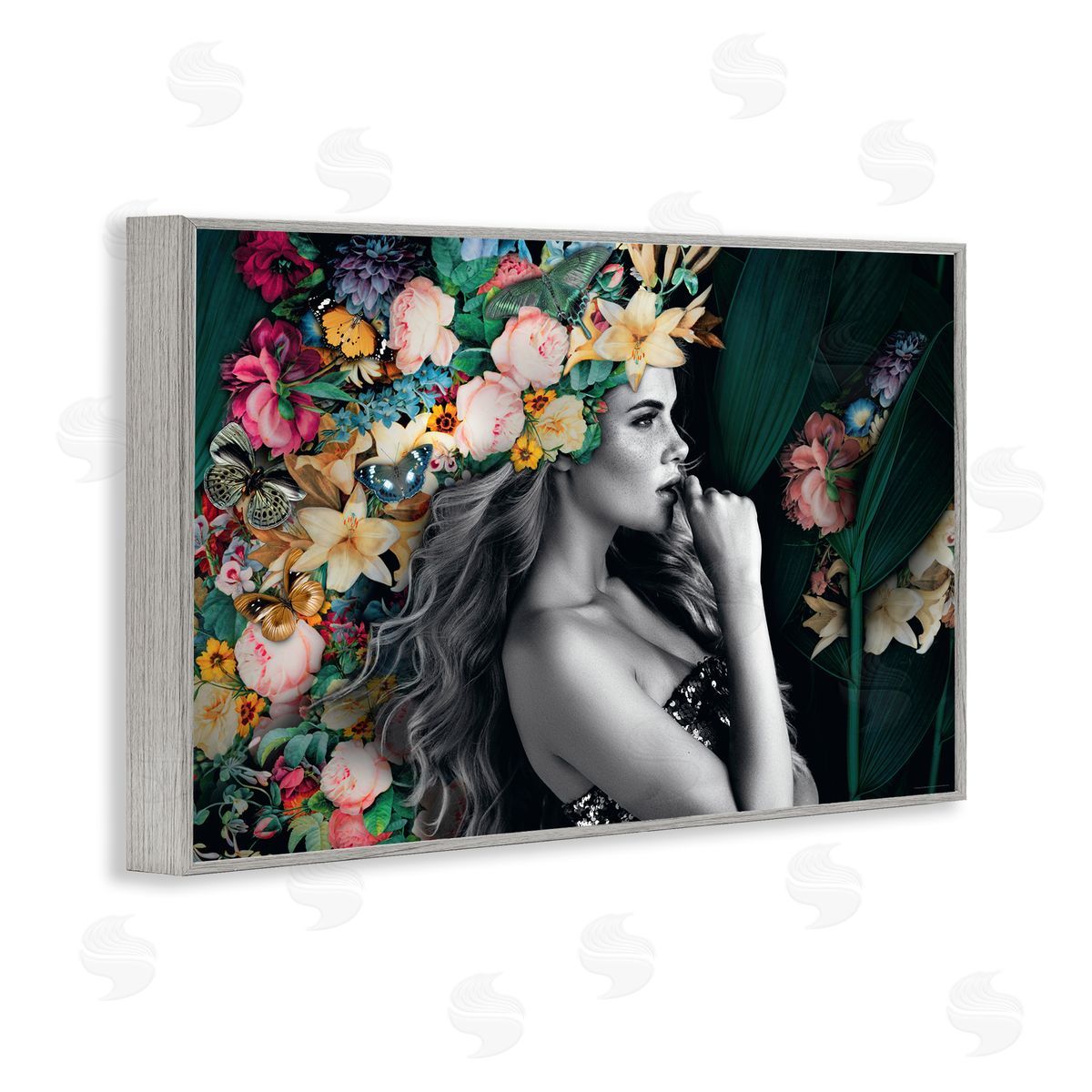 Reinders Woman with Tropical Flowers Gray Framed Giclee Wall Art Print