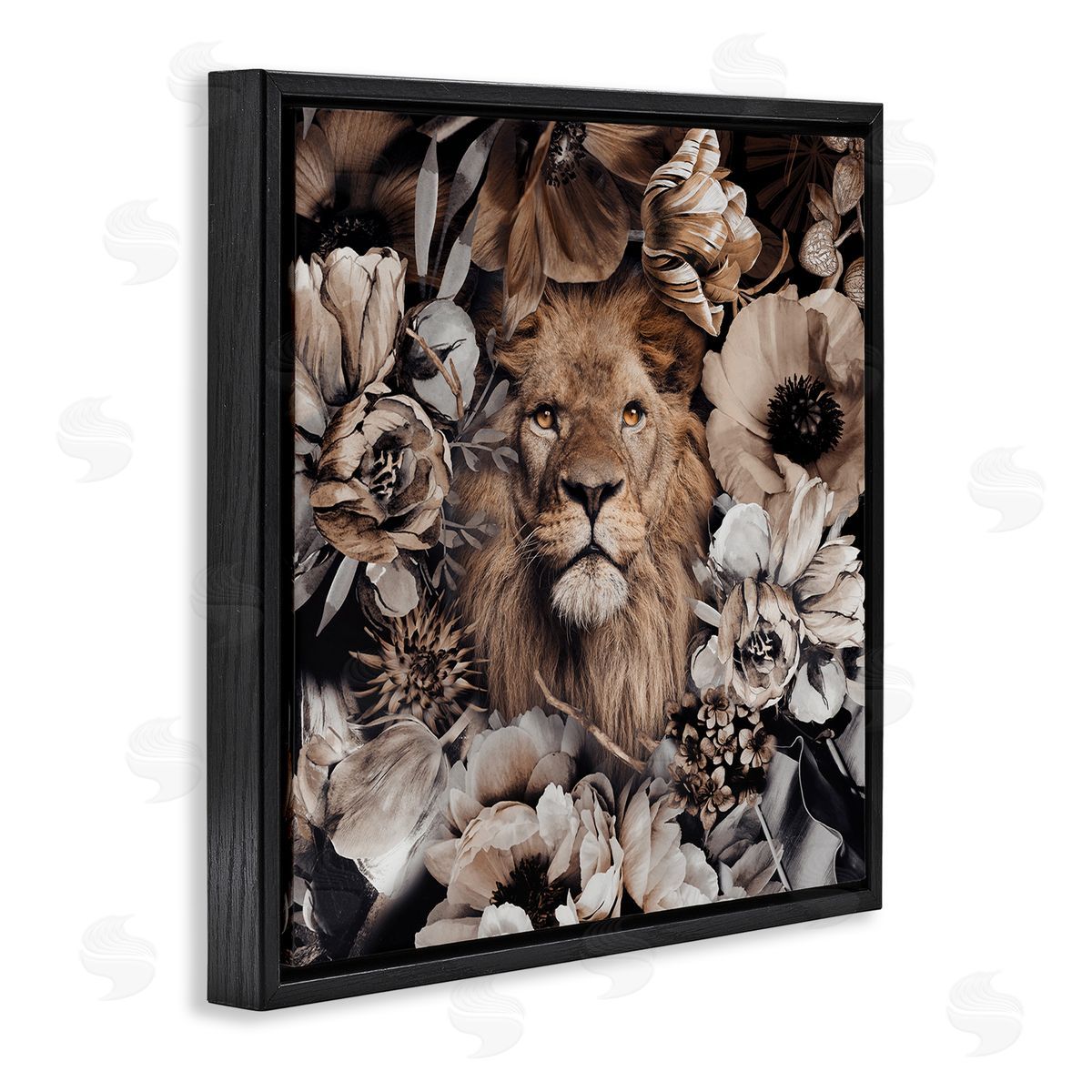 Reinders Mixed Flowers & Lion Black Floating Frame Canvas Wall Art Print
