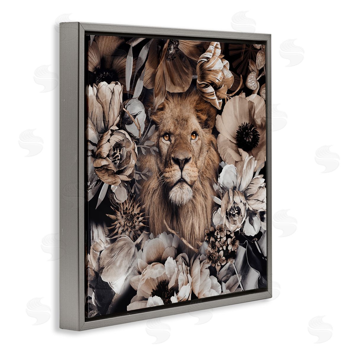 Reinders Mixed Flowers & Lion Gray Floating Frame Canvas Wall Art Print