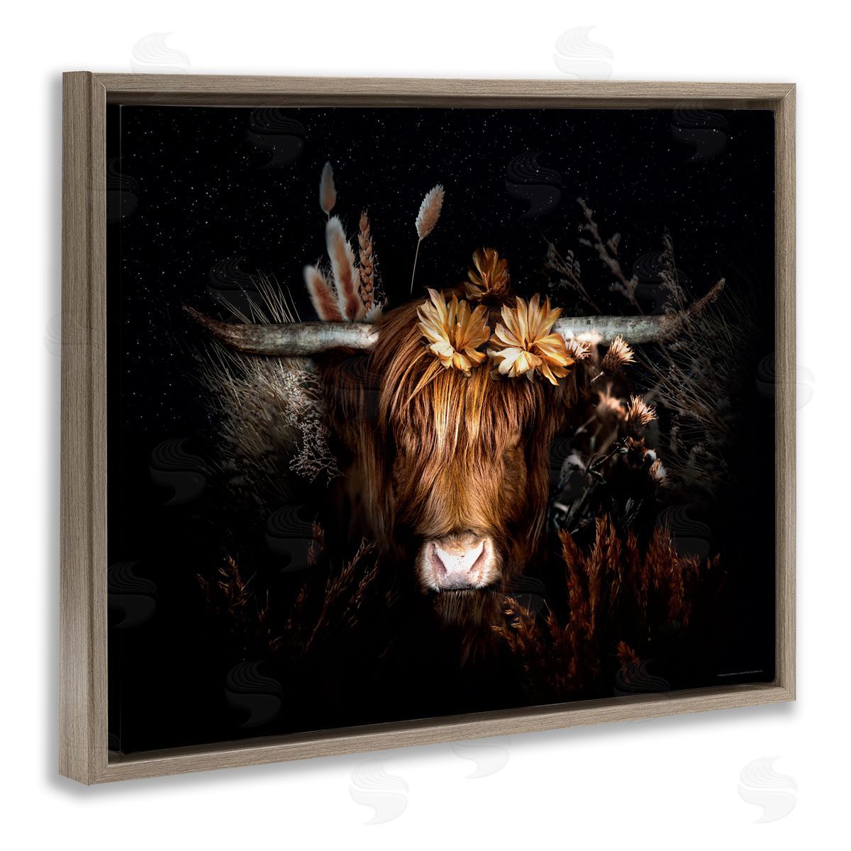Reinders Shadowed Cattle & Botanicals Brown Floating Frame Canvas Wall Art Print