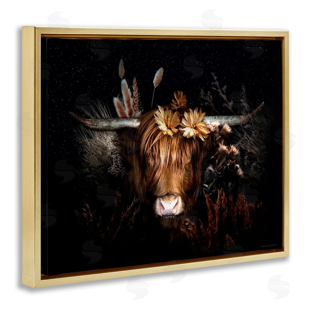 Reinders Shadowed Cattle & Botanicals Gold Floating Frame Canvas Wall Art Print