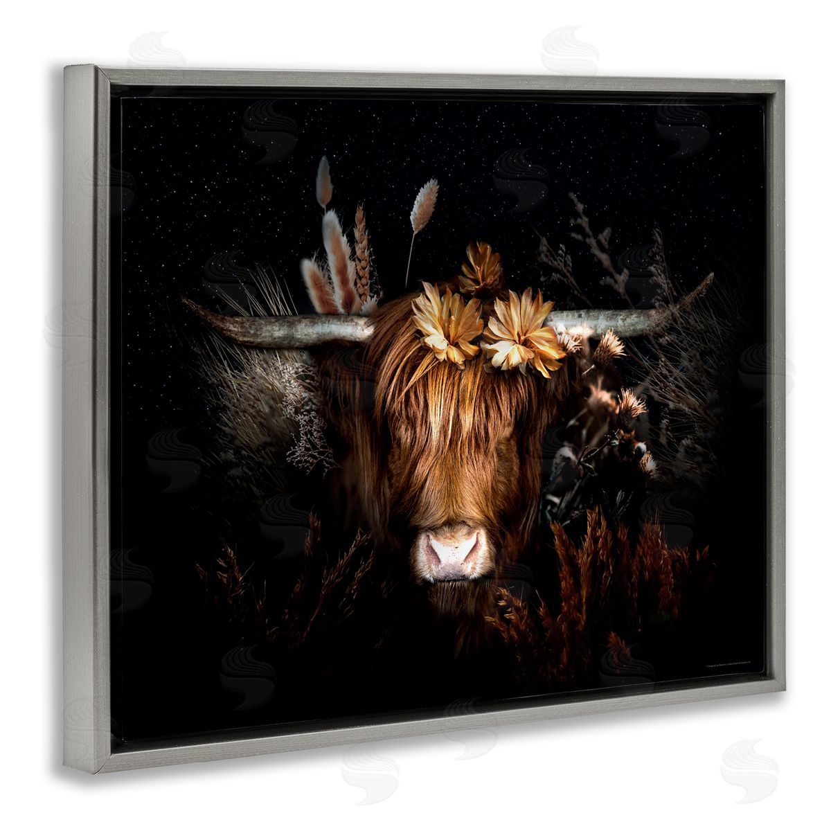 Reinders Shadowed Cattle & Botanicals Gray Floating Frame Canvas Wall Art Print