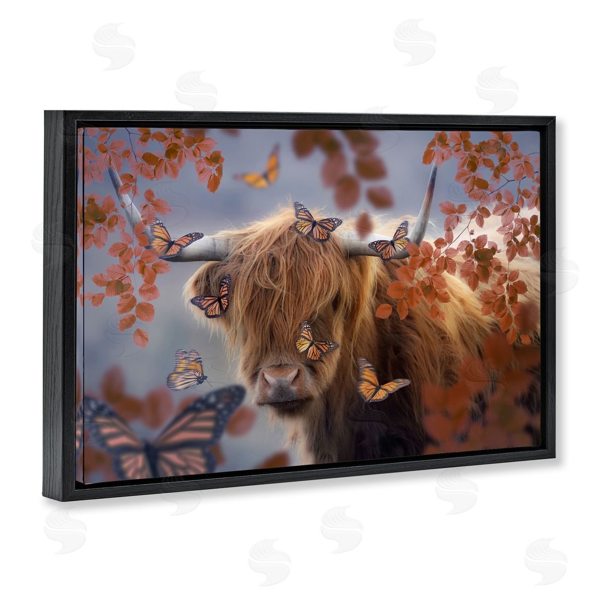 Reinders Monarch Butterflies & Cattle Black Floating Frame Canvas Wall Art Print
