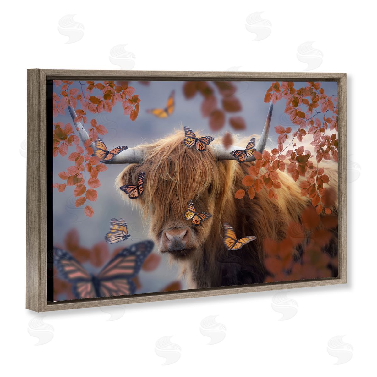 Reinders Monarch Butterflies & Cattle Brown Floating Frame Canvas Wall Art Print