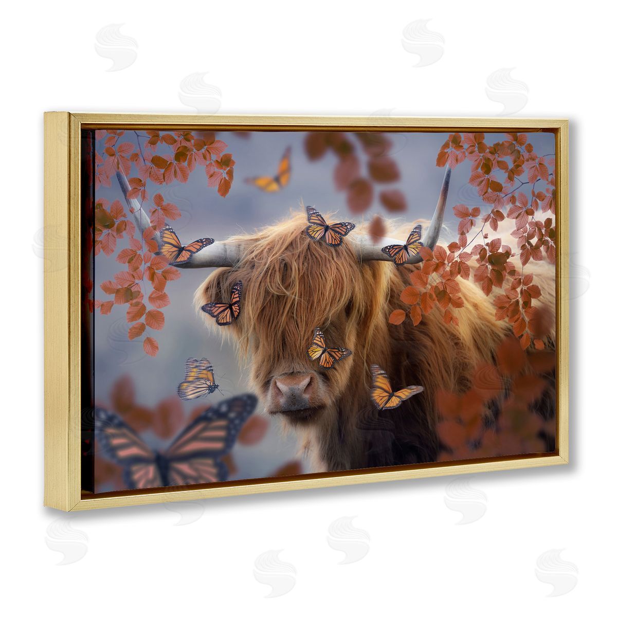 Reinders Monarch Butterflies & Cattle Gold Floating Frame Canvas Wall Art Print