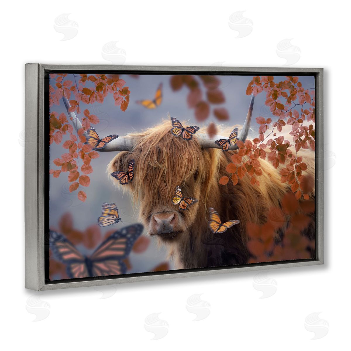 Reinders Monarch Butterflies & Cattle Gray Floating Frame Canvas Wall Art Print