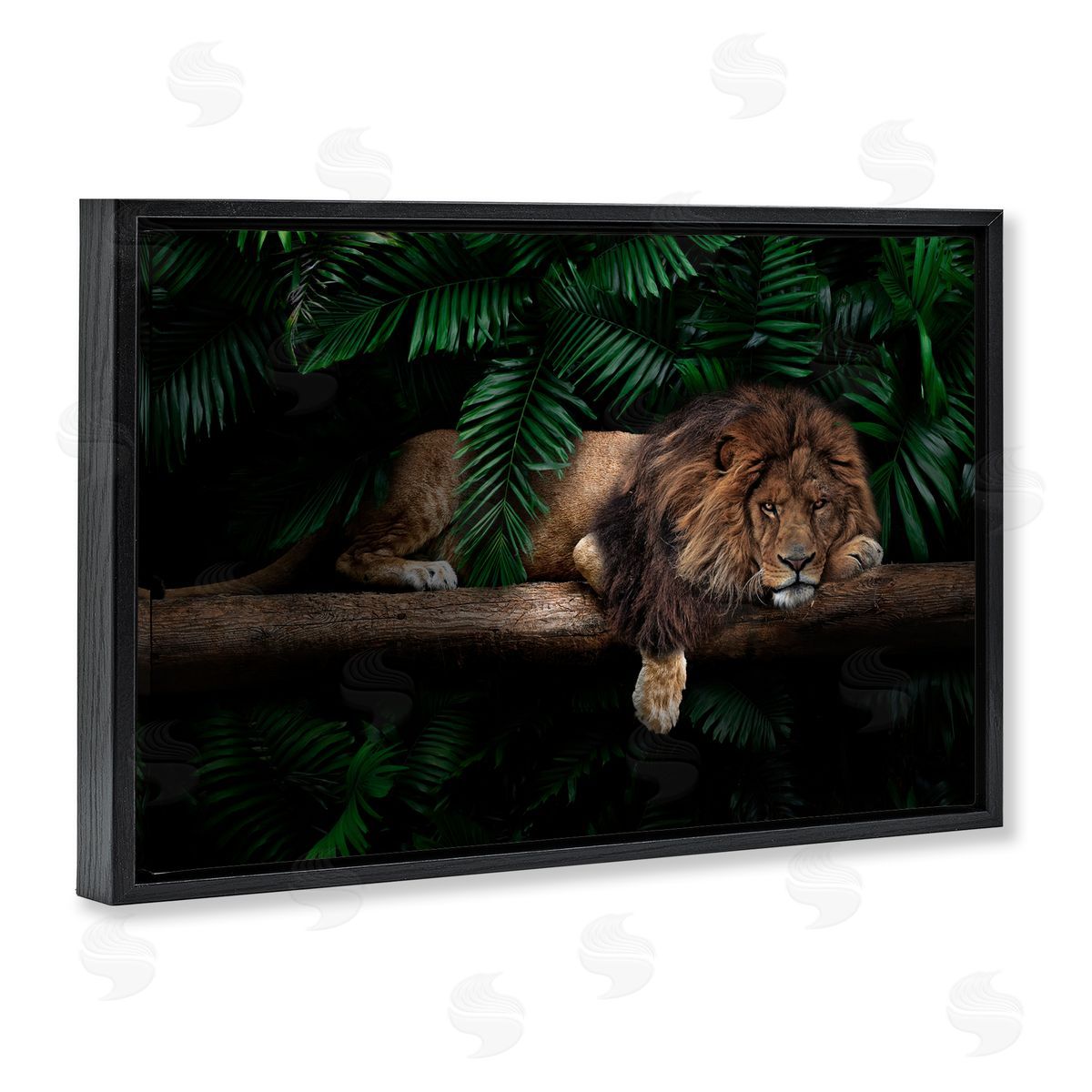 Reinders Lion on Tropical Branch Black Floating Frame Canvas Wall Art Print