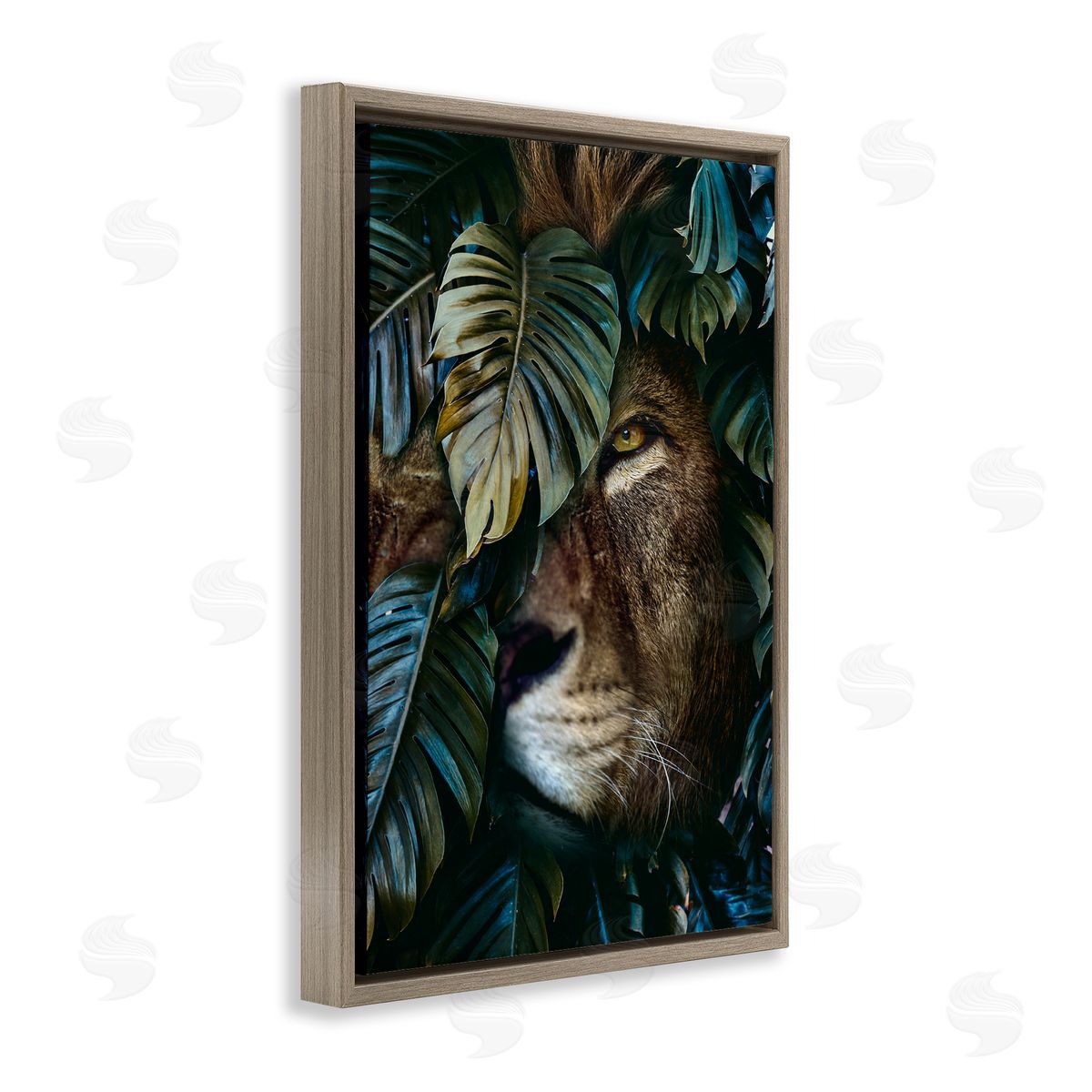 Reinders Lion Peering Monstera Leaves Brown Floating Frame Canvas Wall Art Print