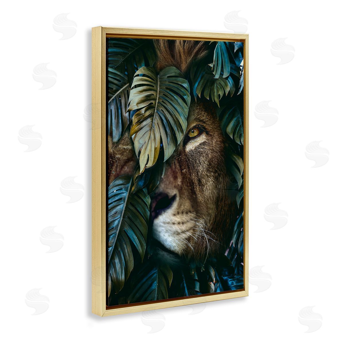 Reinders Lion Peering Monstera Leaves Gold Floating Frame Canvas Wall Art Print