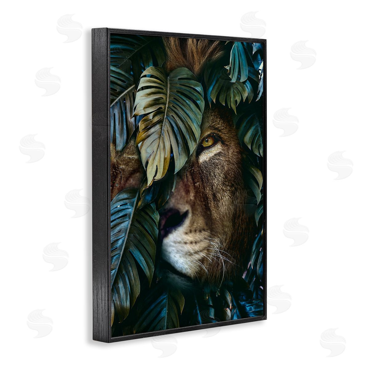 Reinders Lion Peering Monstera Leaves Black Framed Giclee Wall Art Print