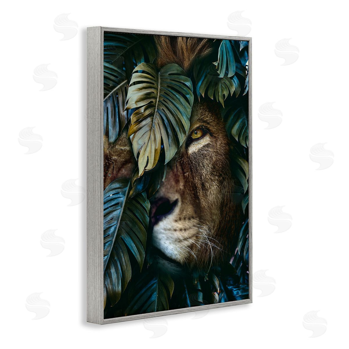 Reinders Lion Peering Monstera Leaves Gray Framed Giclee Wall Art Print