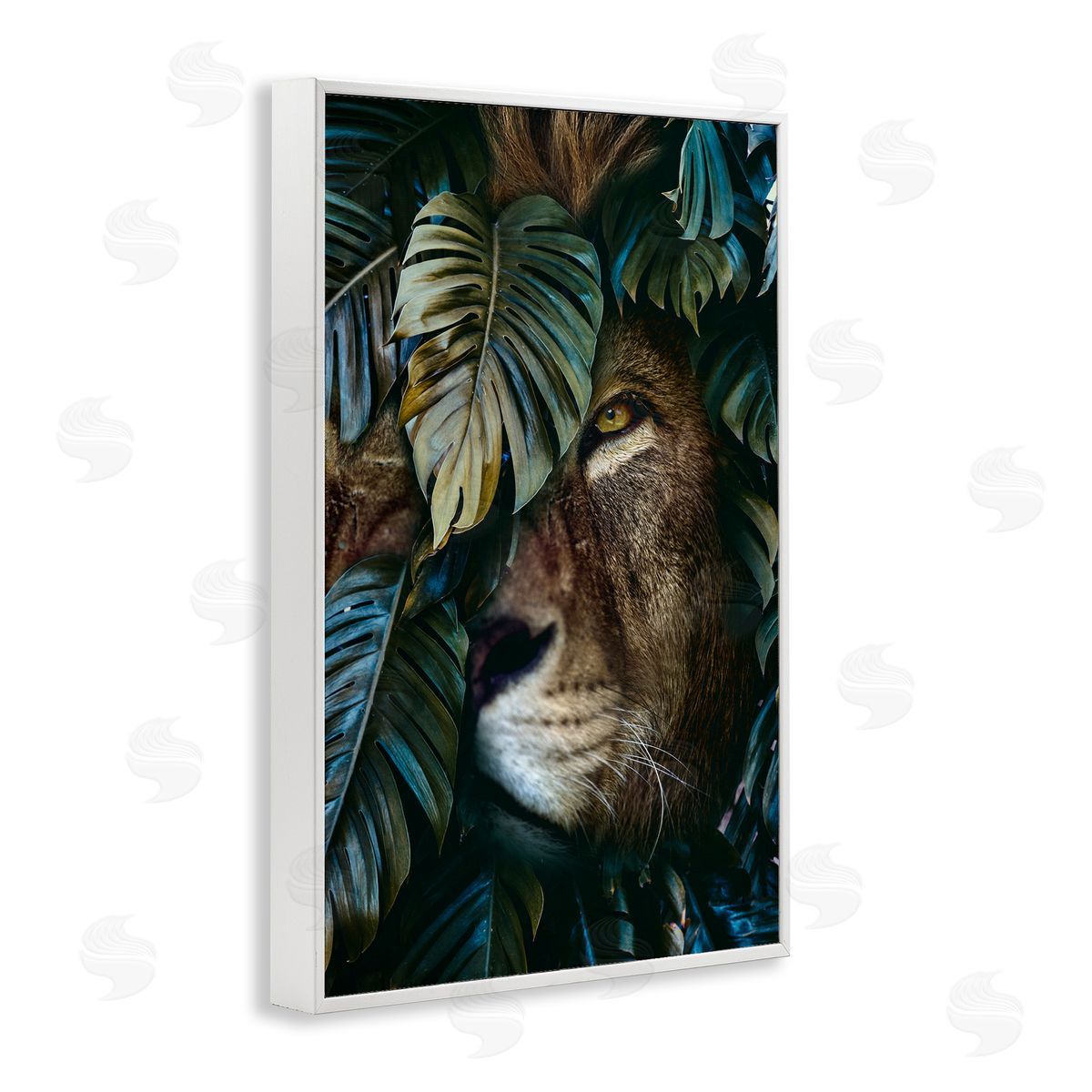 Reinders Lion Peering Monstera Leaves White Framed Giclee Wall Art Print