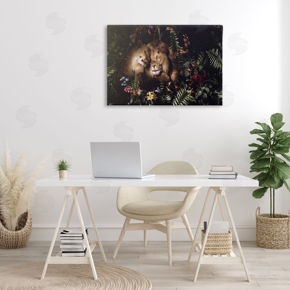 Reinders Cuddling Lions Among Leaves Canvas Wall Art Print in Room