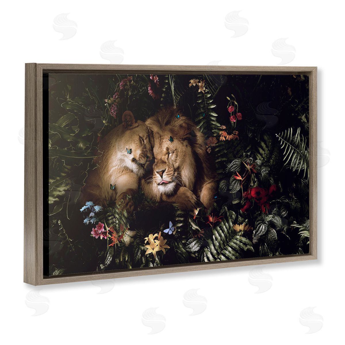 Reinders Cuddling Lions Among Leaves Brown Floating Frame Canvas Wall Art Print