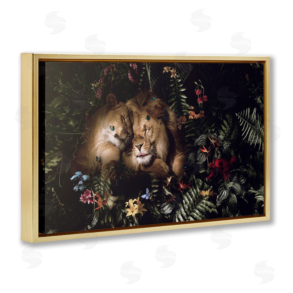 Reinders Cuddling Lions Among Leaves Gold Floating Frame Canvas Wall Art Print