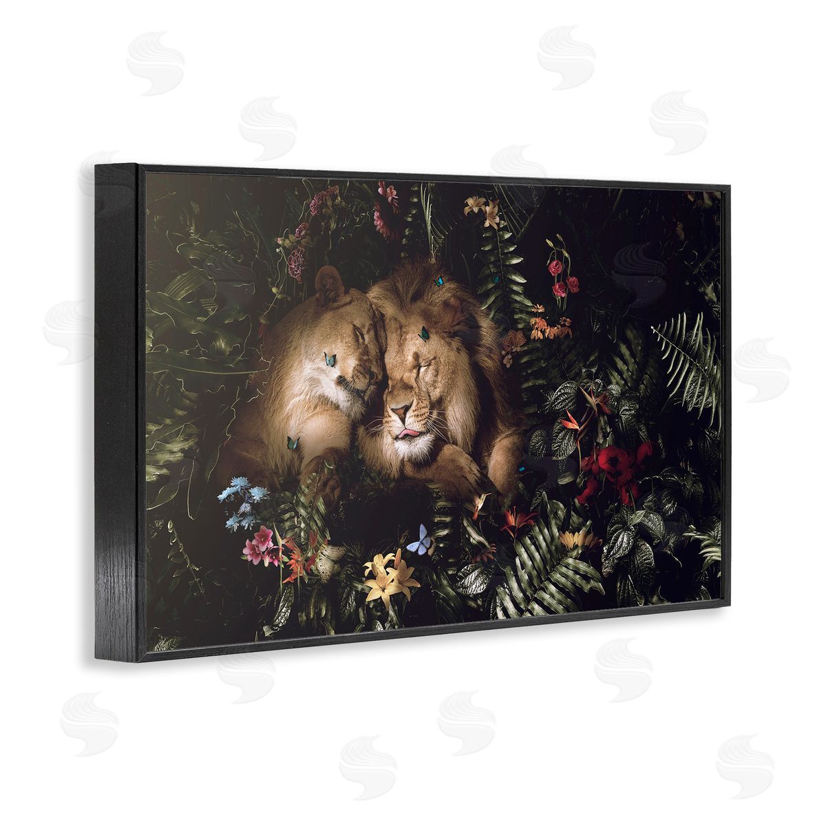 Reinders Cuddling Lions Among Leaves Black Framed Giclee Wall Art Print