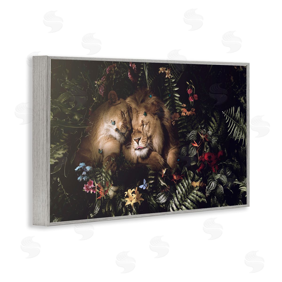 Reinders Cuddling Lions Among Leaves Gray Framed Giclee Wall Art Print