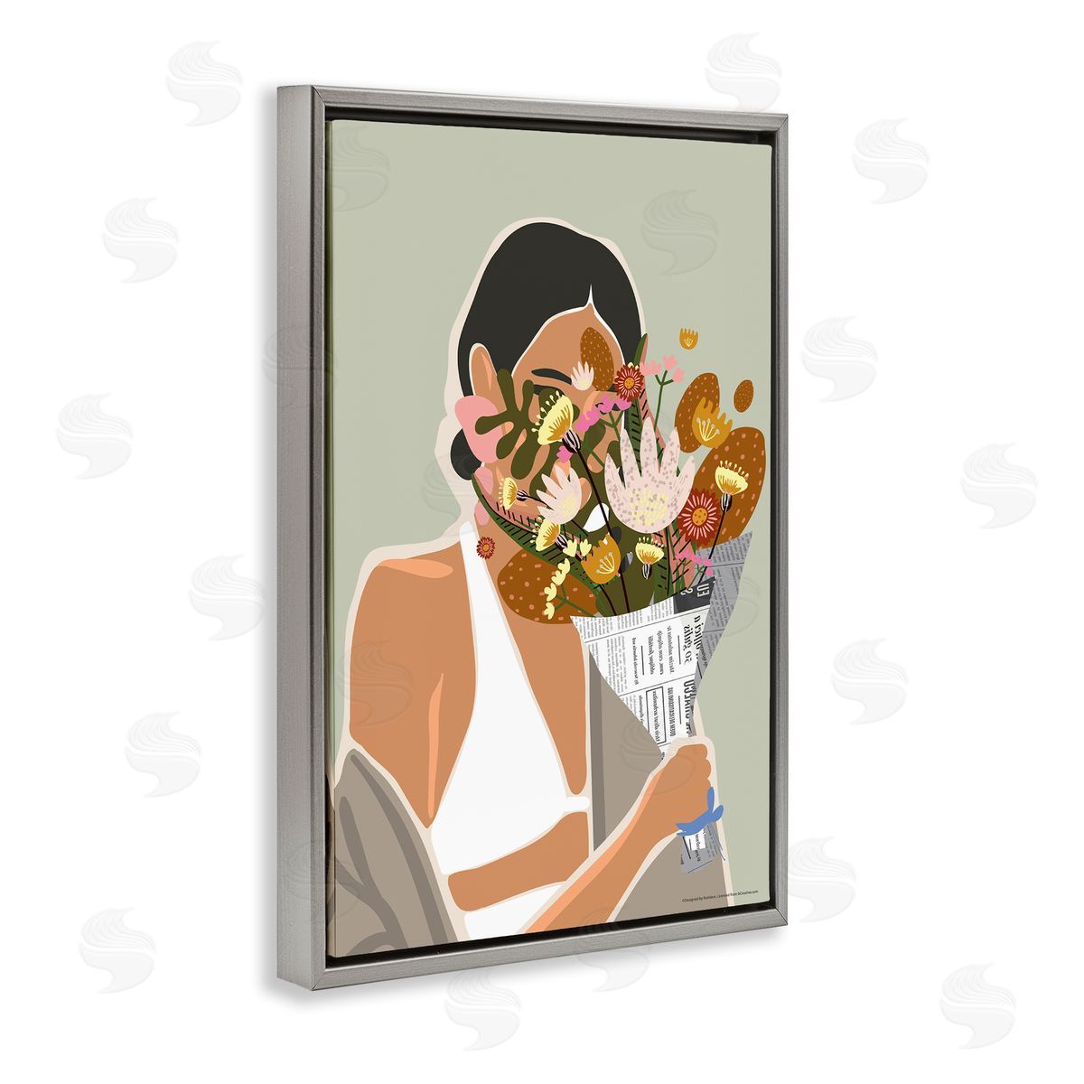 Reinders Woman & Plant Bouquet Gray Floating Frame Canvas Wall Art Print