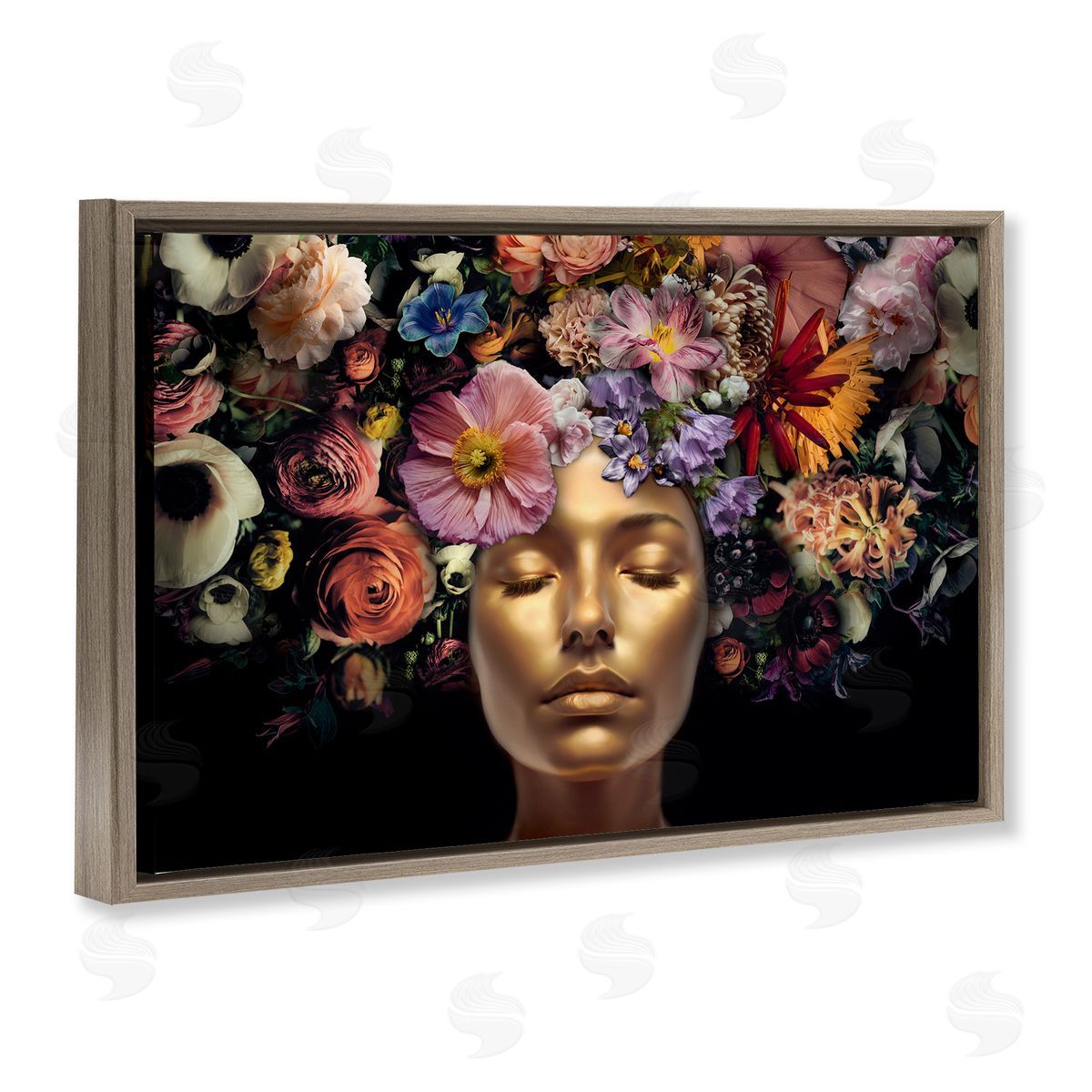 Reinders Gold Face with Flowers Brown Floating Frame Canvas Wall Art Print