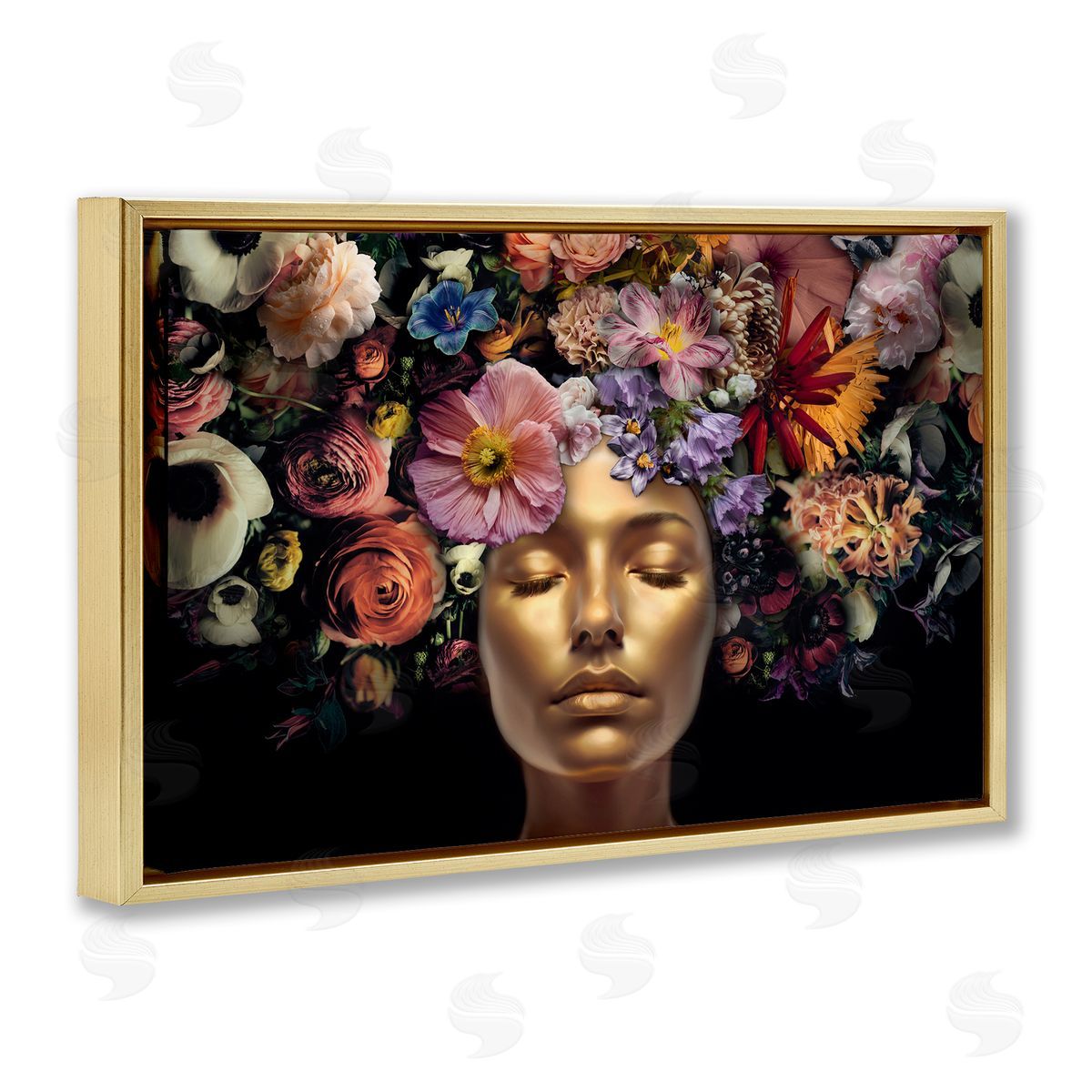 Reinders Gold Face with Flowers Gold Floating Frame Canvas Wall Art Print