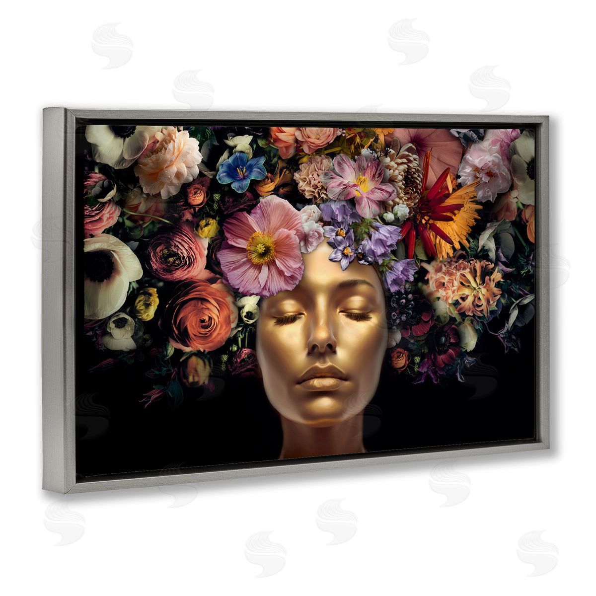 Reinders Gold Face with Flowers Gray Floating Frame Canvas Wall Art Print