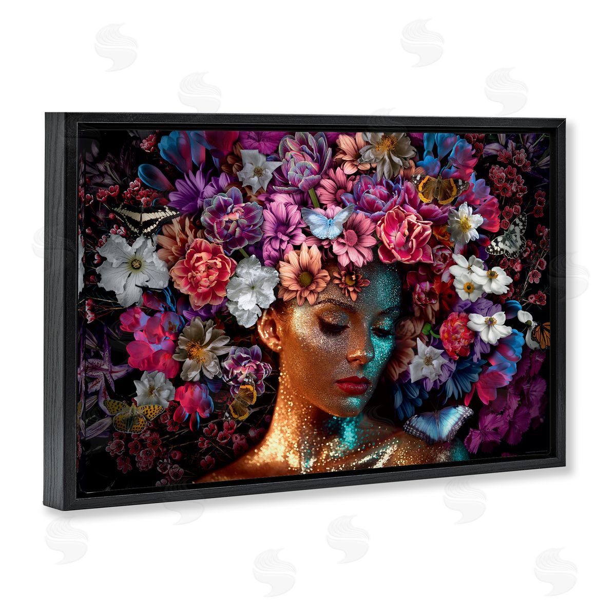 Reinders Glitz Woman with Florals Black Floating Frame Canvas Wall Art Print