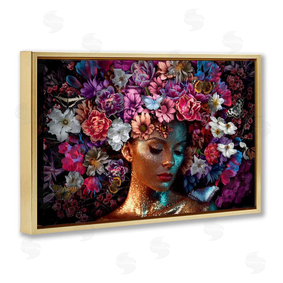 Reinders Glitz Woman with Florals Gold Floating Frame Canvas Wall Art Print