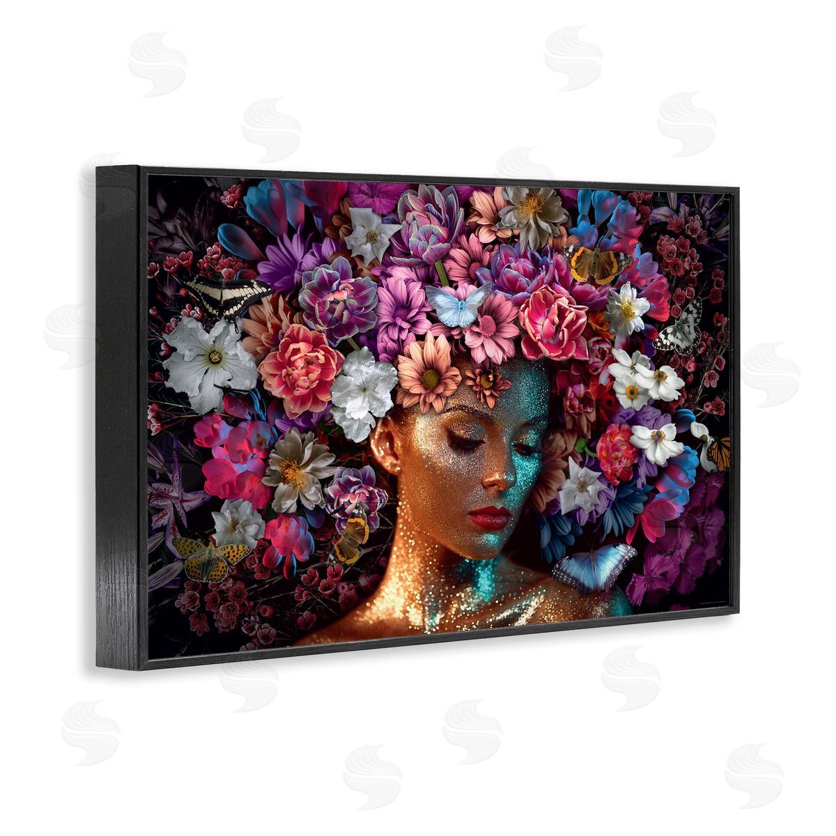 Reinders Glitz Woman with Florals Black Framed Giclee Wall Art Print