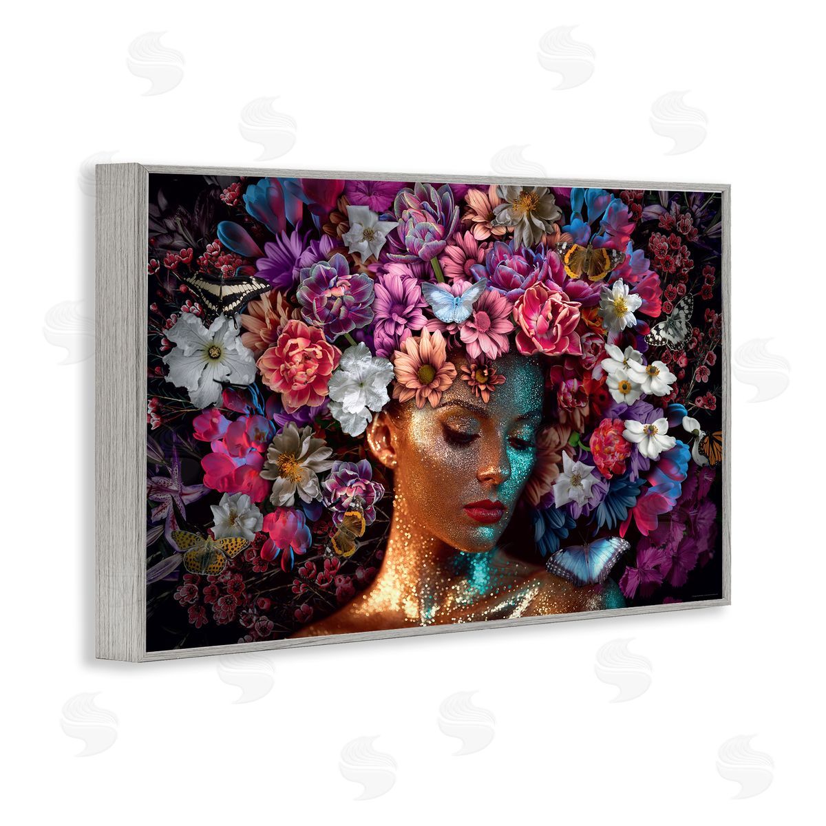 Reinders Glitz Woman with Florals Gray Framed Giclee Wall Art Print