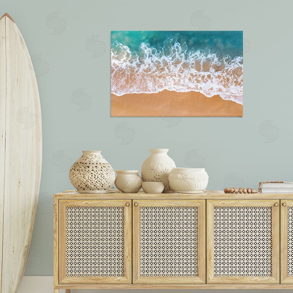 Nataly White Aerial Beach Foam Canvas Wall Art Print in Room