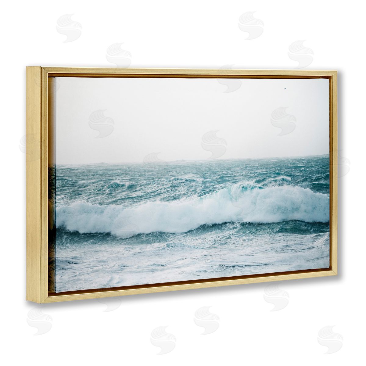 Nataly White Beach Waves Horizon Gold Floating Frame Canvas Wall Art Print