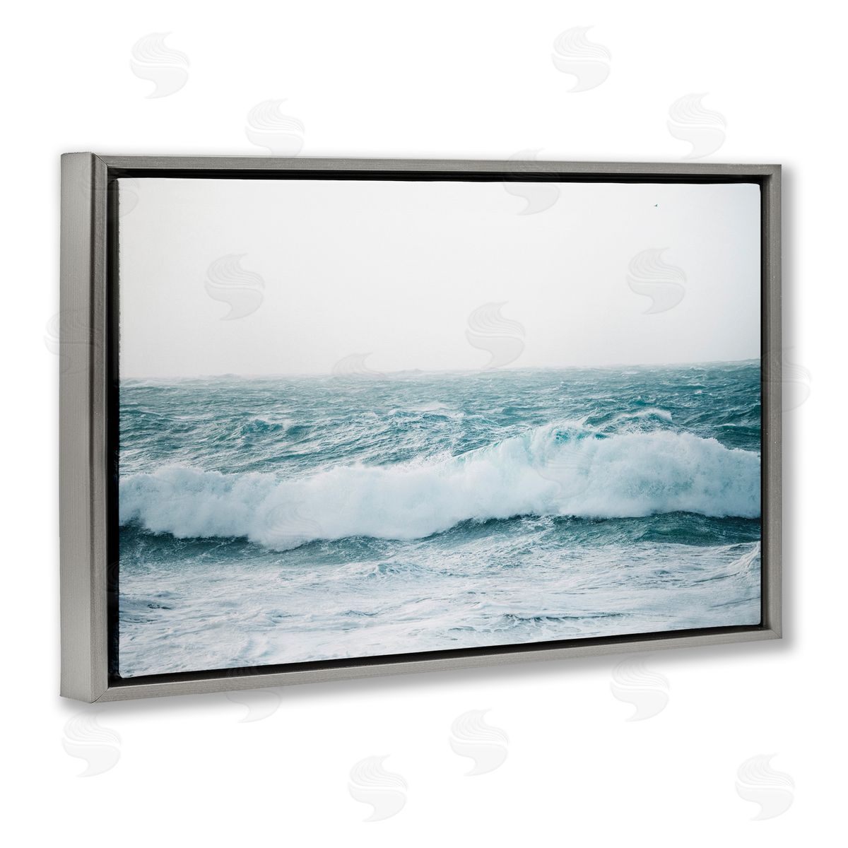 Nataly White Beach Waves Horizon Gray Floating Frame Canvas Wall Art Print