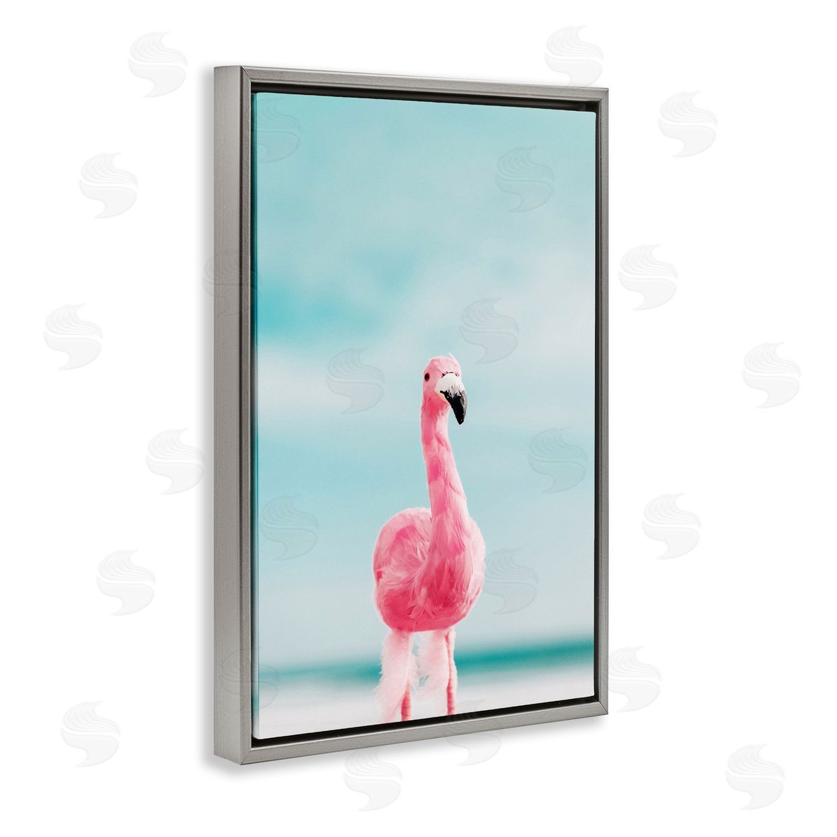 Nataly White Funky Summer Flamingo Gray Floating Frame Canvas Wall Art Print