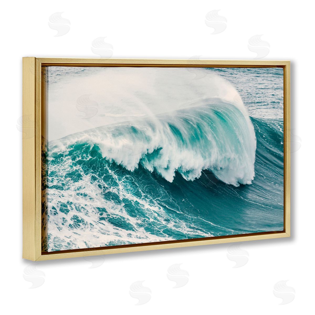 Nataly White Large Breaking Wave Gold Floating Frame Canvas Wall Art Print