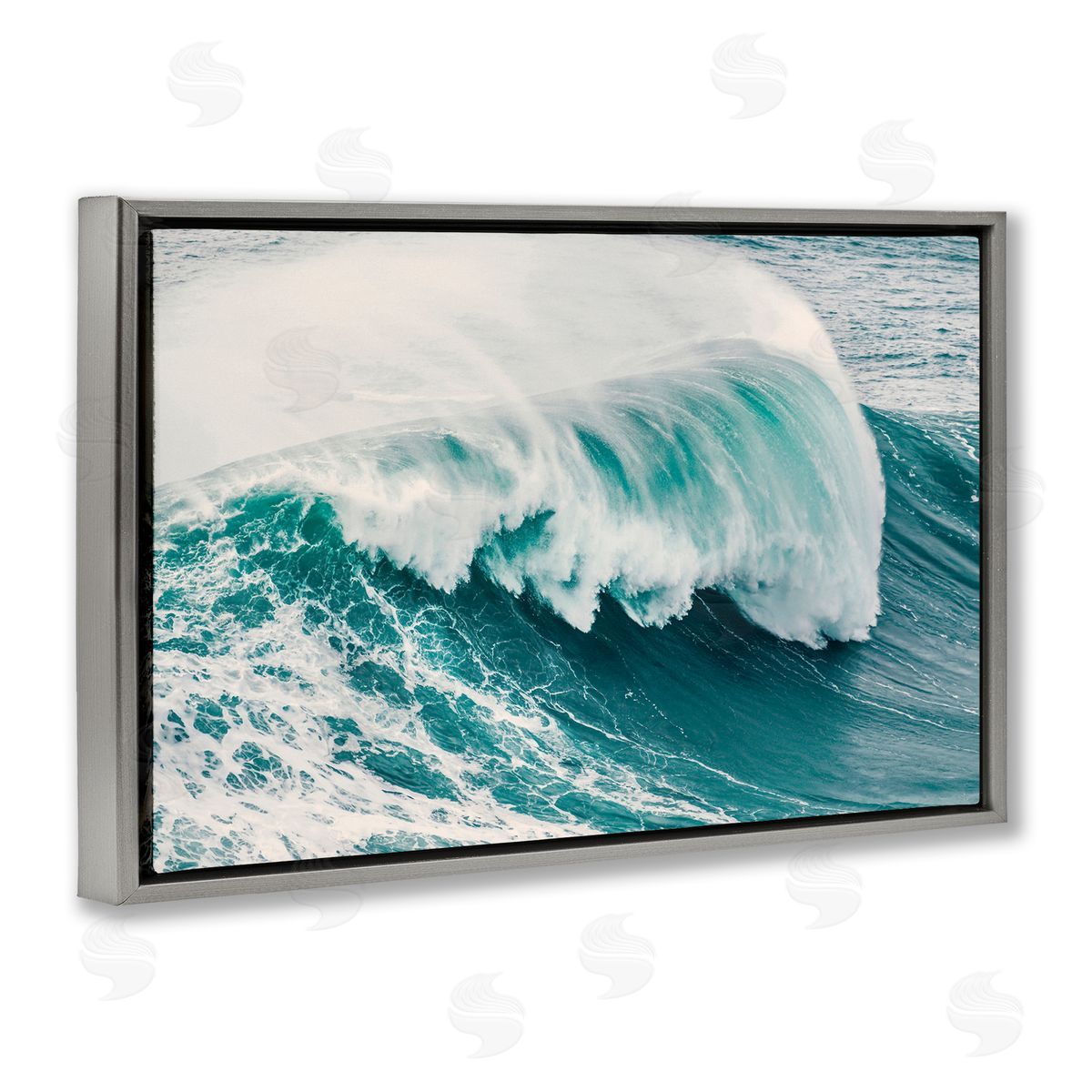 Nataly White Large Breaking Wave Gray Floating Frame Canvas Wall Art Print