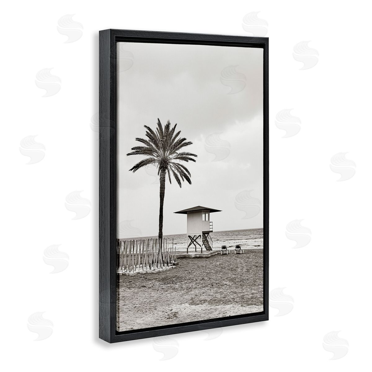 Nataly White Lifeguard Tower & Palm Black Floating Frame Canvas Wall Art Print