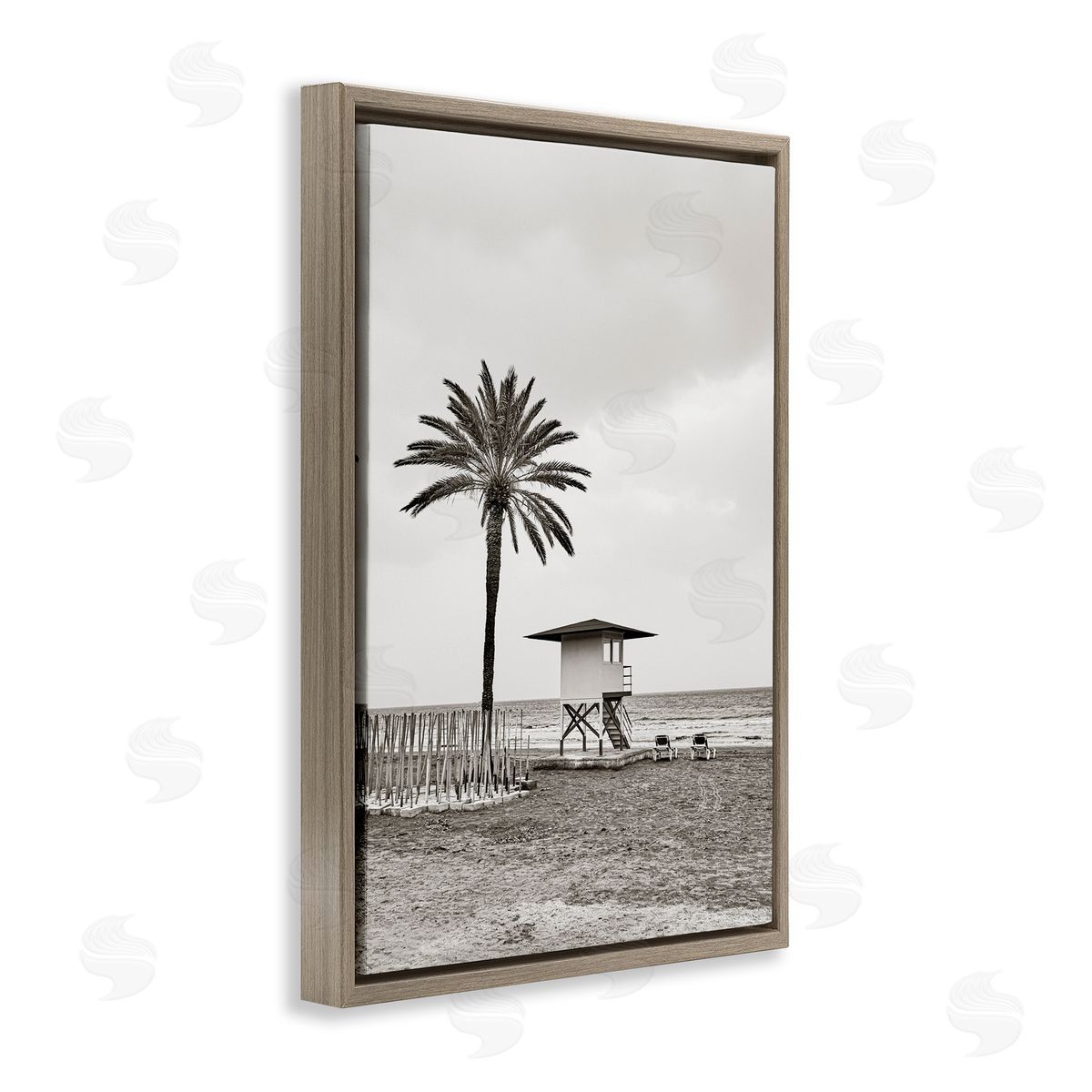 Nataly White Lifeguard Tower & Palm Brown Floating Frame Canvas Wall Art Print