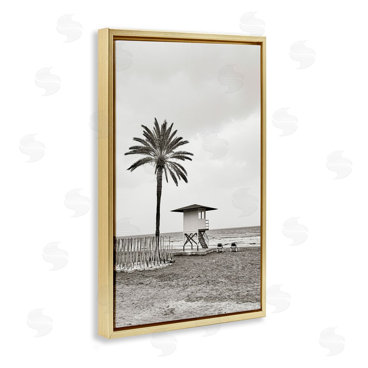 Nataly White Lifeguard Tower & Palm Gold Floating Frame Canvas Wall Art Print