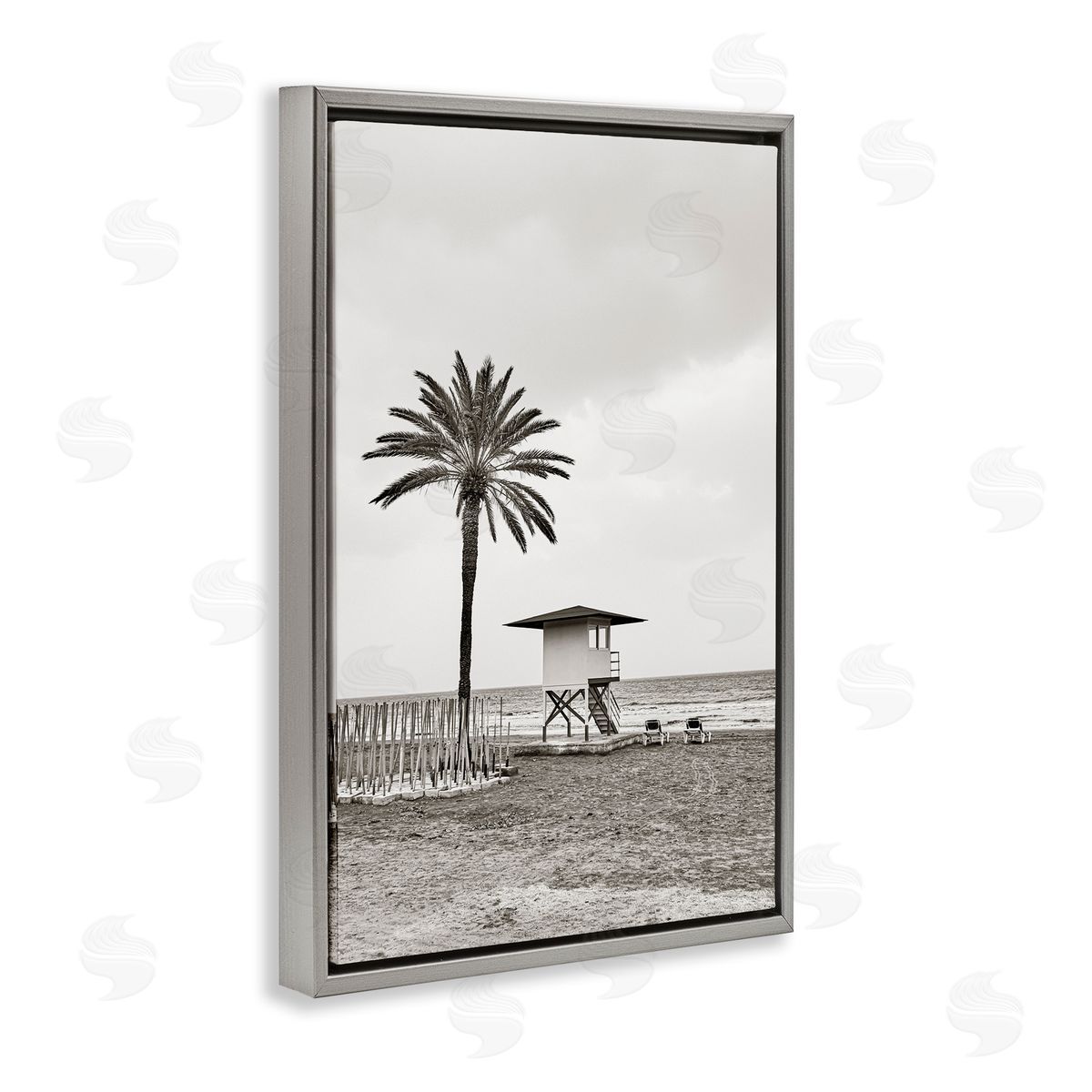 Nataly White Lifeguard Tower & Palm Gray Floating Frame Canvas Wall Art Print