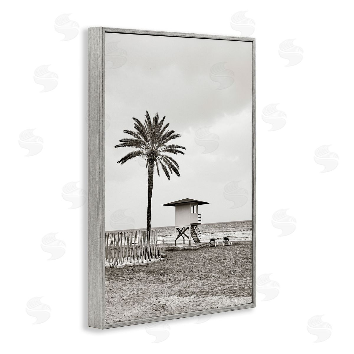 Nataly White Lifeguard Tower & Palm Gray Framed Giclee Wall Art Print