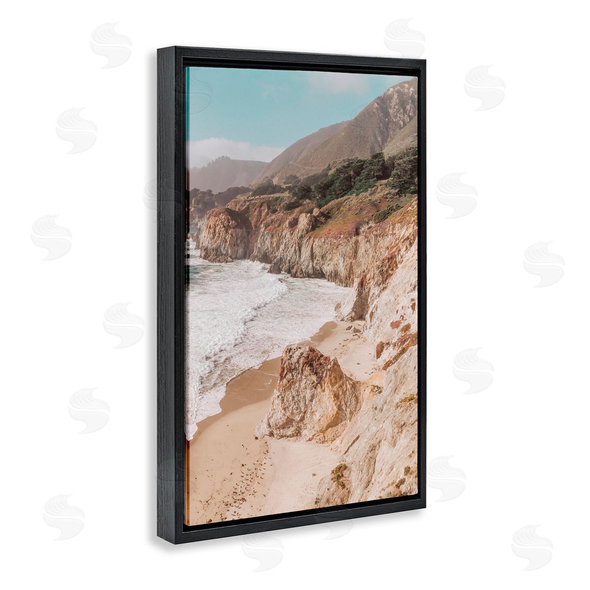 Nataly White Rocky Ocean Cove Black Floating Frame Canvas Wall Art Print