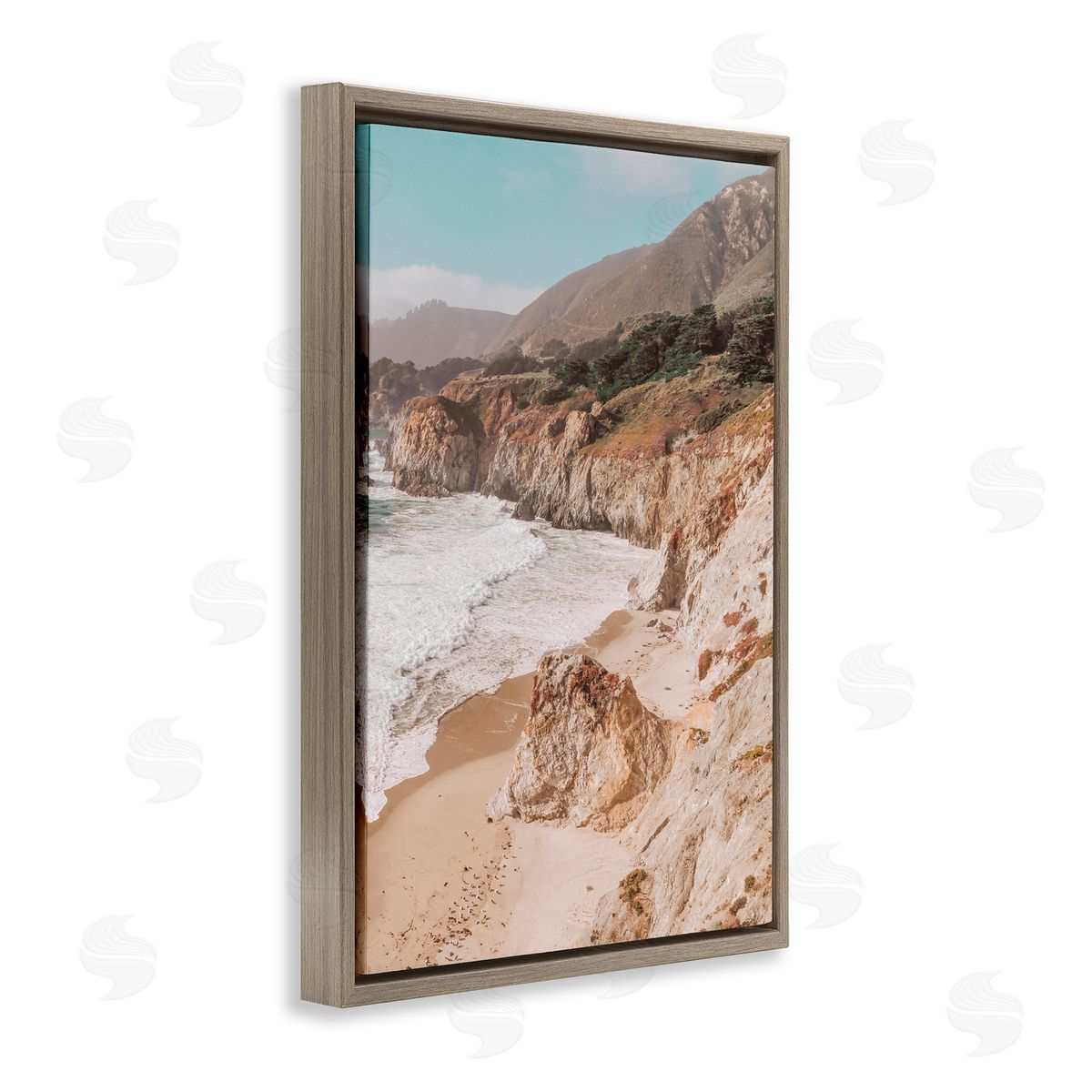 Nataly White Rocky Ocean Cove Brown Floating Frame Canvas Wall Art Print
